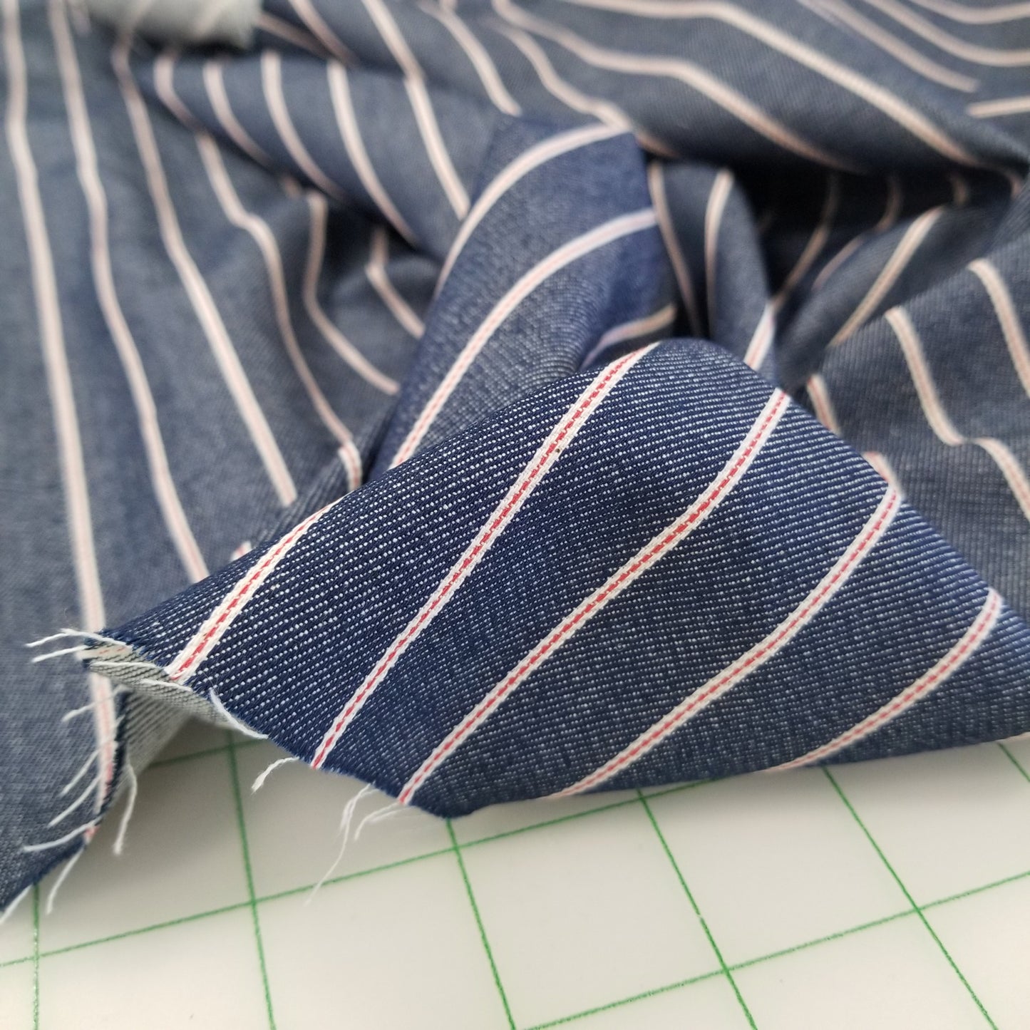 Designer Deadstock Cotton Tencel Vertical Red Ticking Stripe Shirting Denim-6oz- by the yard
