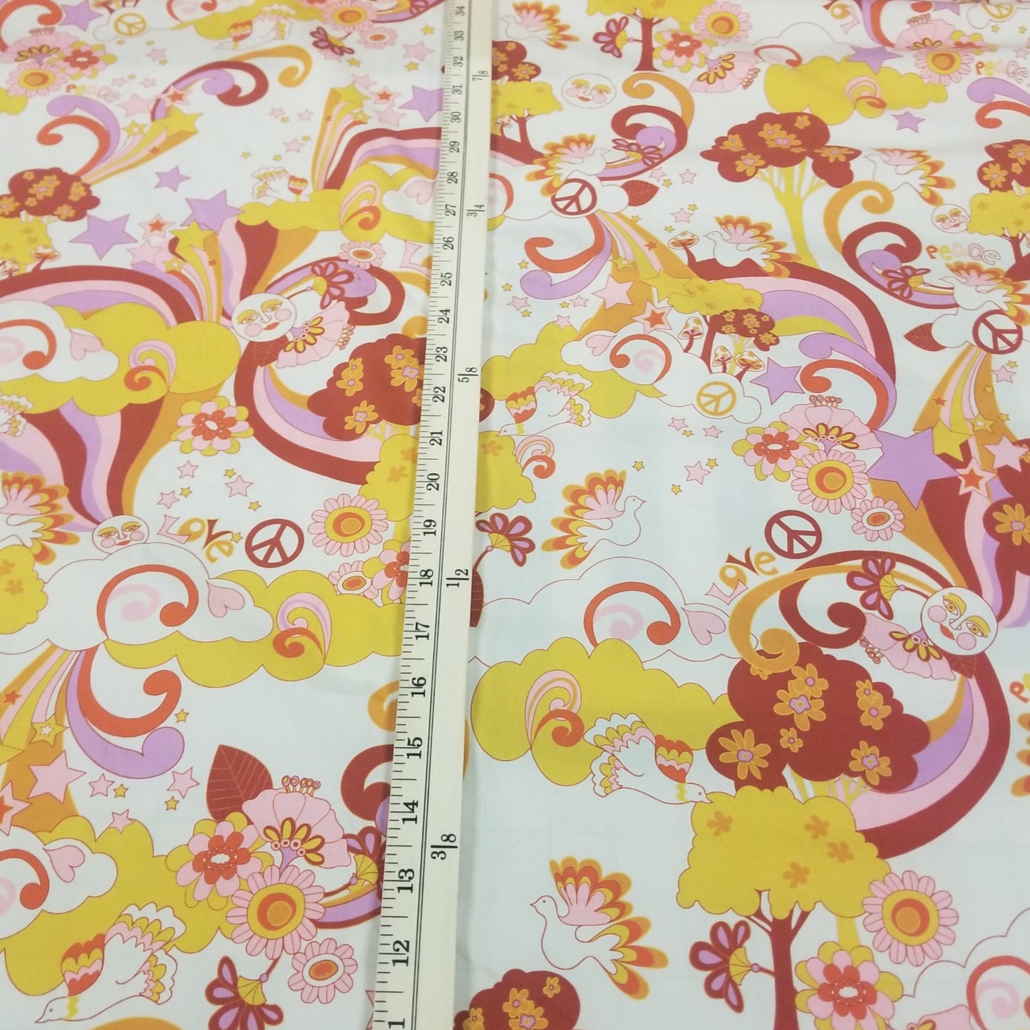 End of Bolt: 3.5 yards of Designer Deadstock Organic Cotton Poplin Cream Hue Retro Peace & Love Day Tripper Woven- remnant