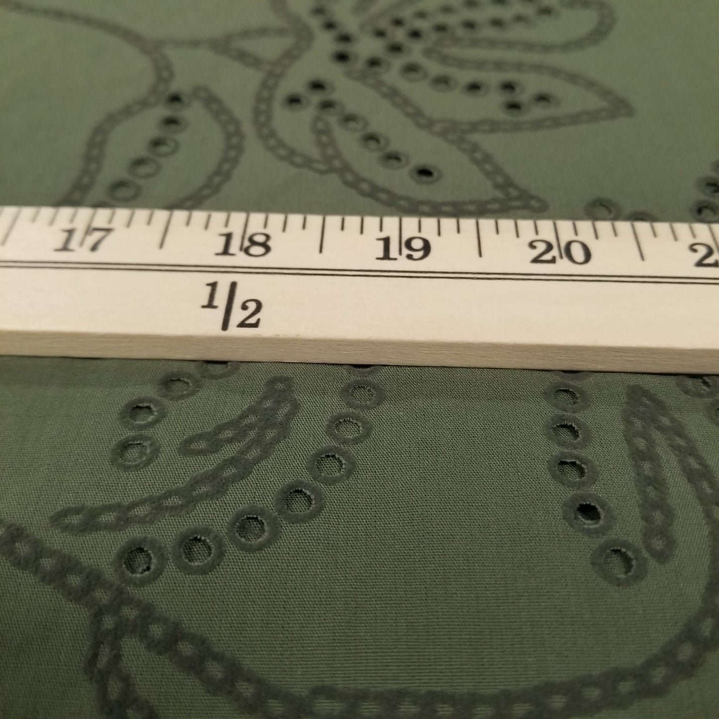 End of Bolt: 3-5/8th yards of Designer Europe Deadstock Olive Laser Cut Embroidered Anglaise Textured Sueded Outline Woven Solid-remnant