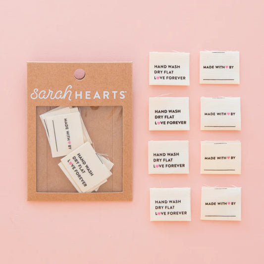 Notions: Sarah Hearts Woven  Hand Wash Dry Flat Organic Cotton Labels  - 1 Pack