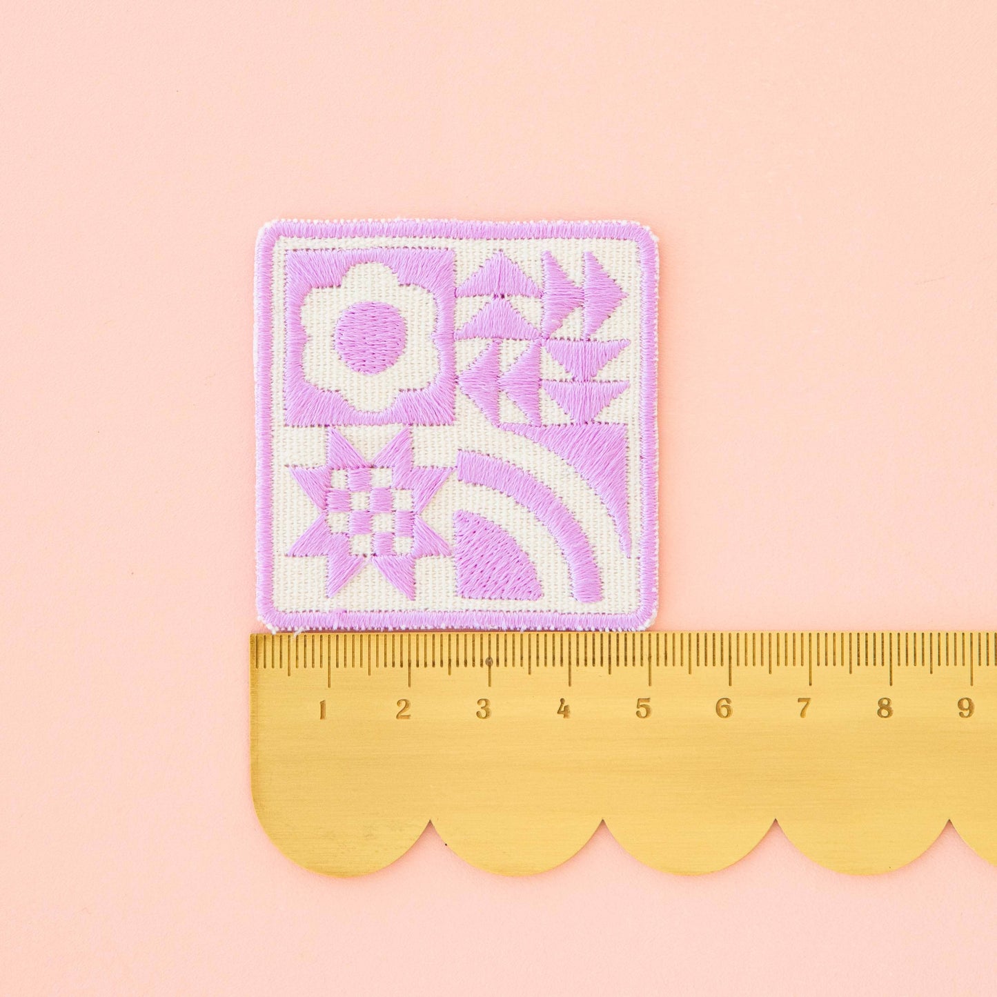 Notion: Sarah Hearts Woven Lavender Quilt Block Iron-On Patch- 1 pack