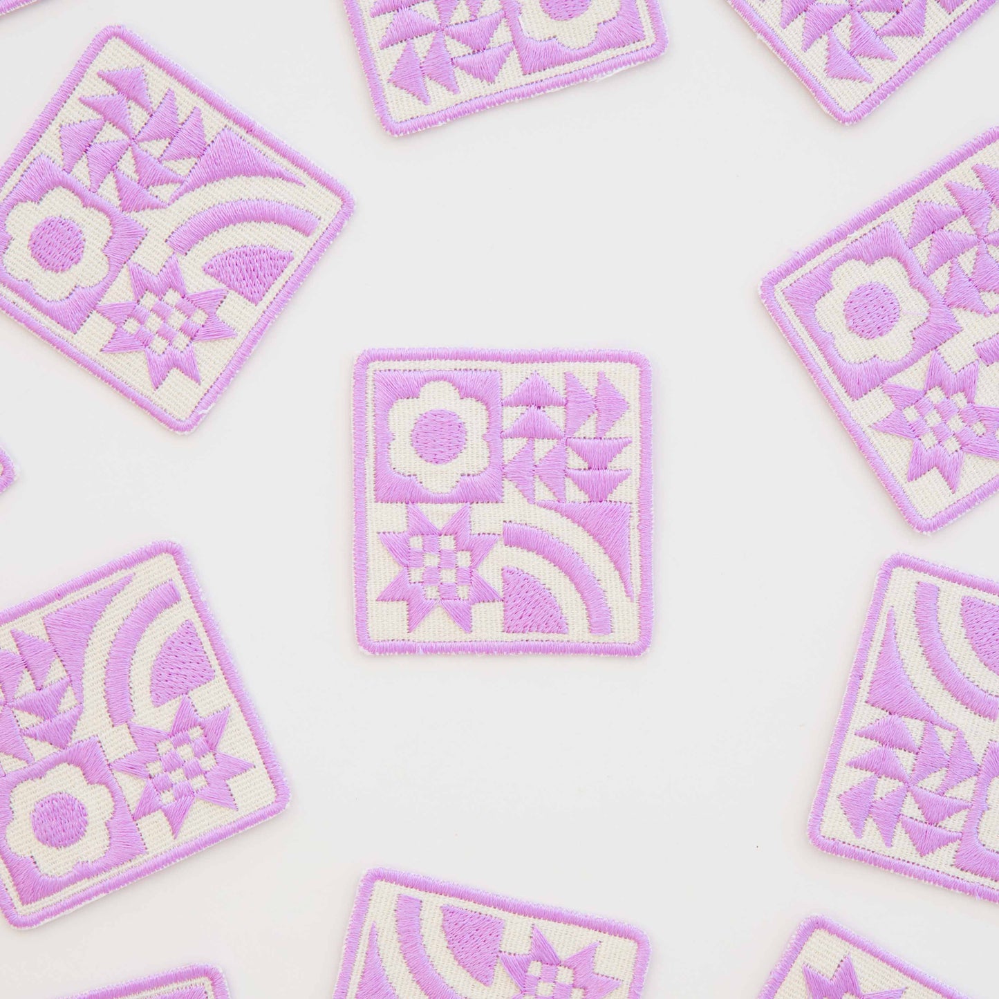 Notion: Sarah Hearts Woven Lavender Quilt Block Iron-On Patch- 1 pack