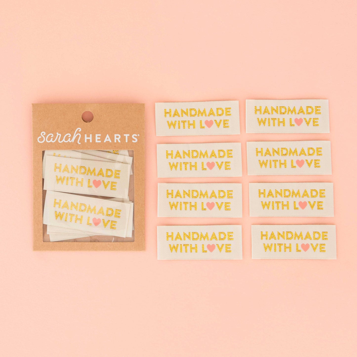 Notions: Sarah Hearts Labels:Handmade with Love Gold Sewing Woven Labels Tags-1 pack