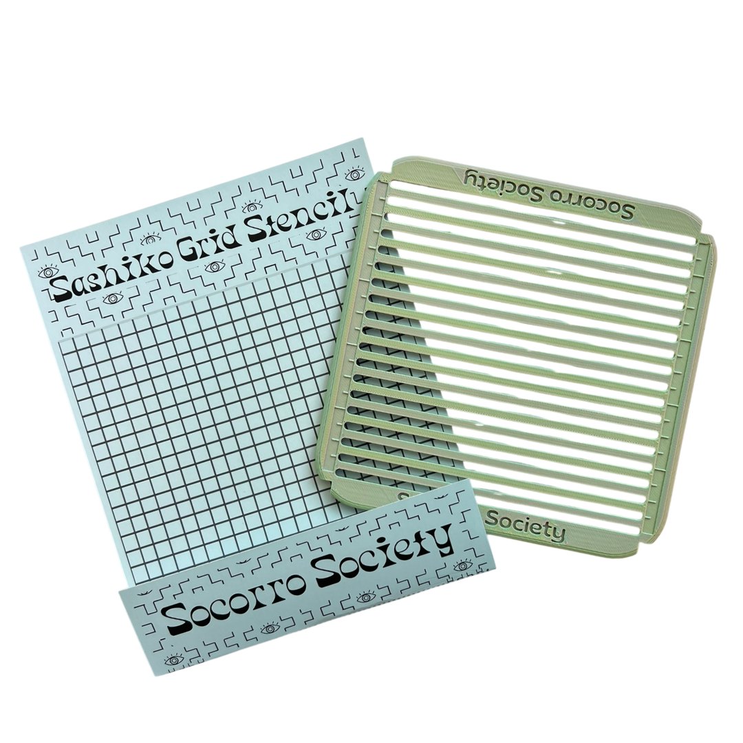 Sashiko grid stencils with grid pattern and striped design on a white background, branded 'Socorro Society'.