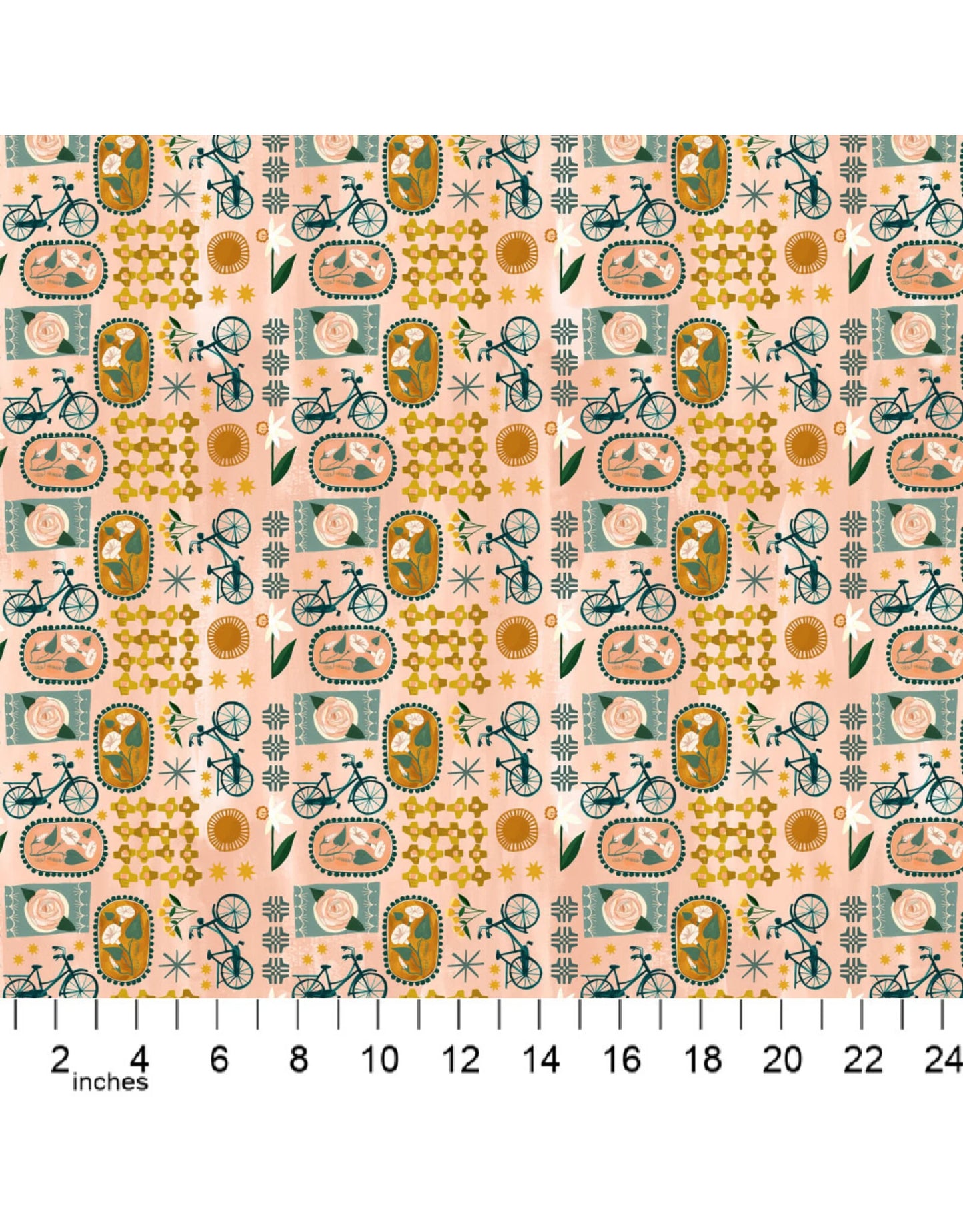 Figo Fabrics: Daybreak Patchwork with Bicycles in Coral Cotton Woven- by the Half Yard