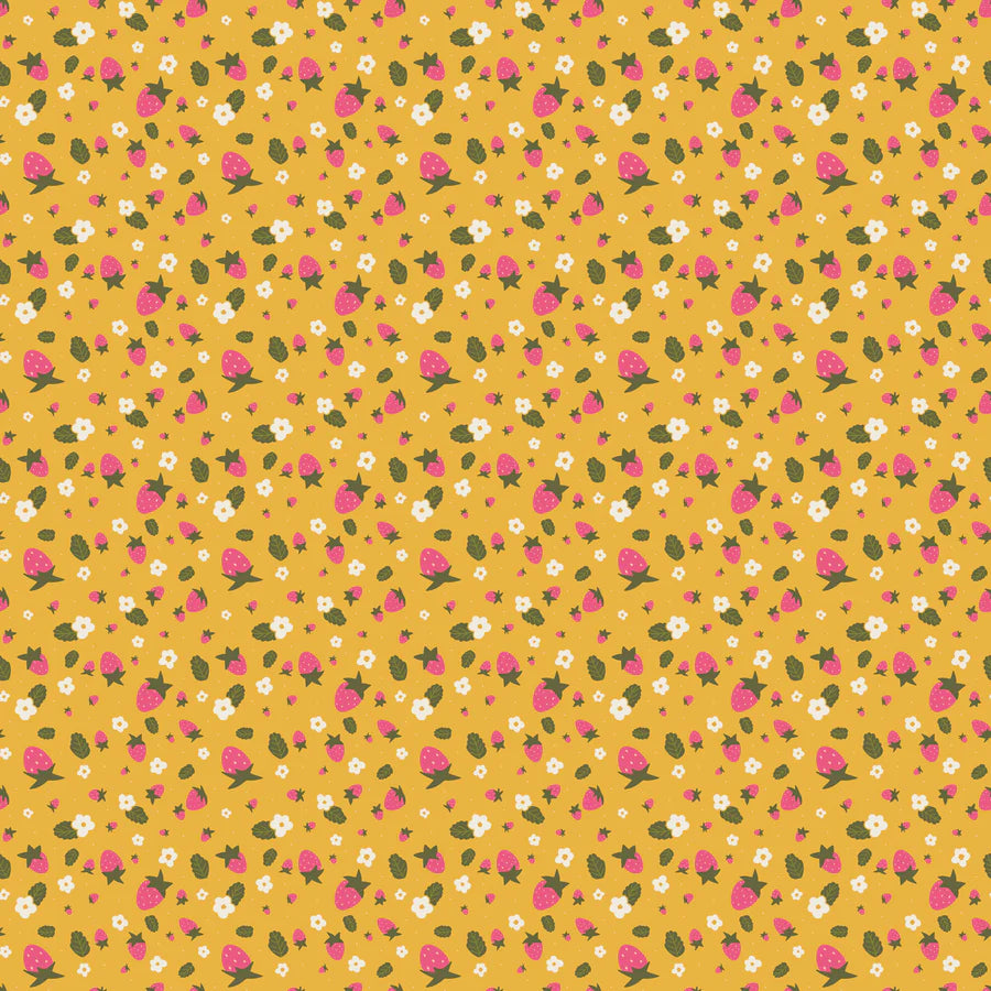 Figo Fabrics: Sarah Hearts Joyful June Ochre Strawberries Quilting Cotton Woven- by the Half yard