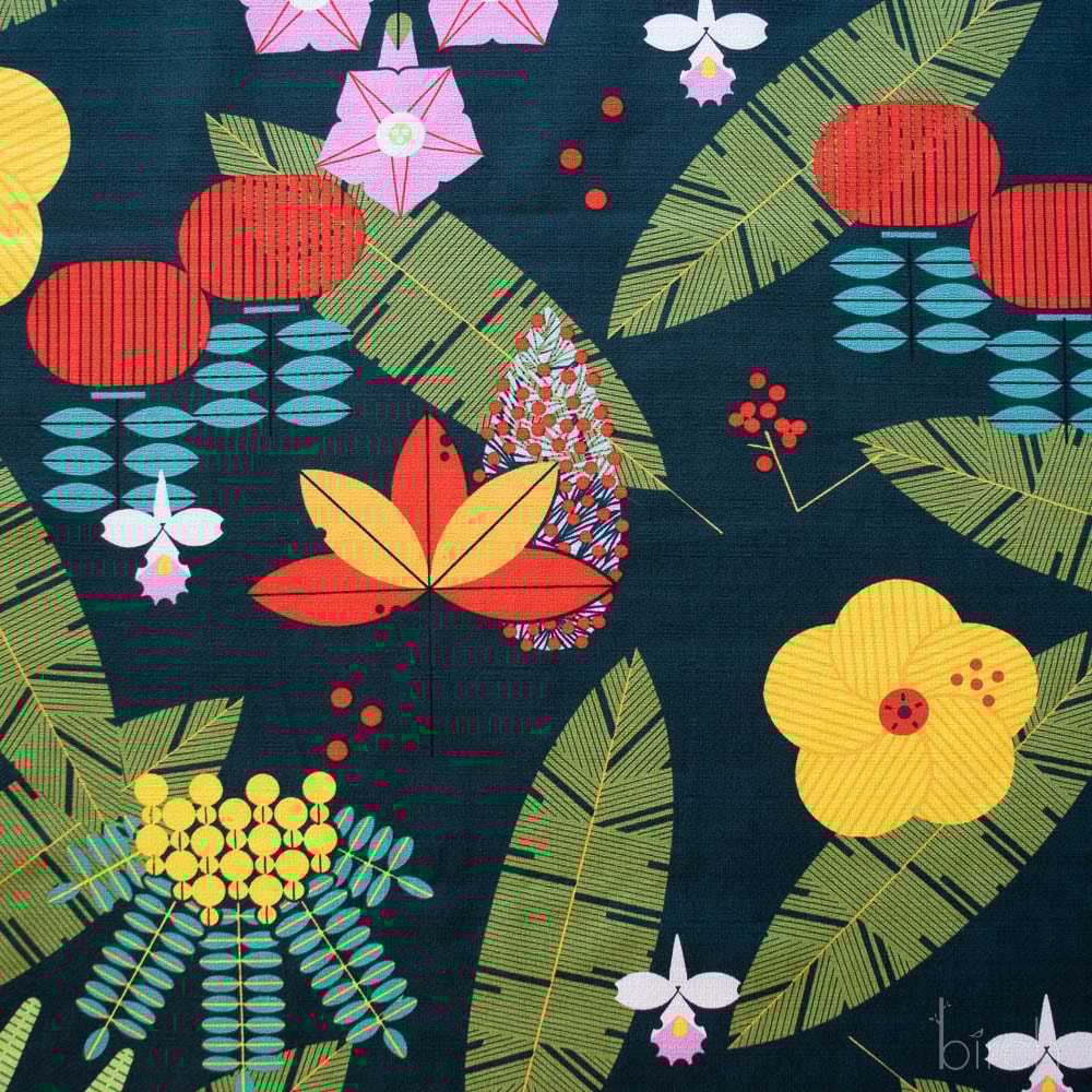 Colorful floral and leaf pattern on a dark blue background. iconic charley harper print. hawaiian foliage. LA Finch Fabrics/ Birch Fabrics