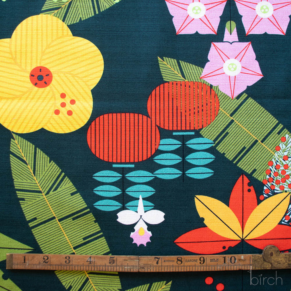 Colorful floral and leaf pattern with a ruler at the bottom on a dark blue background. Charley Harper Print
