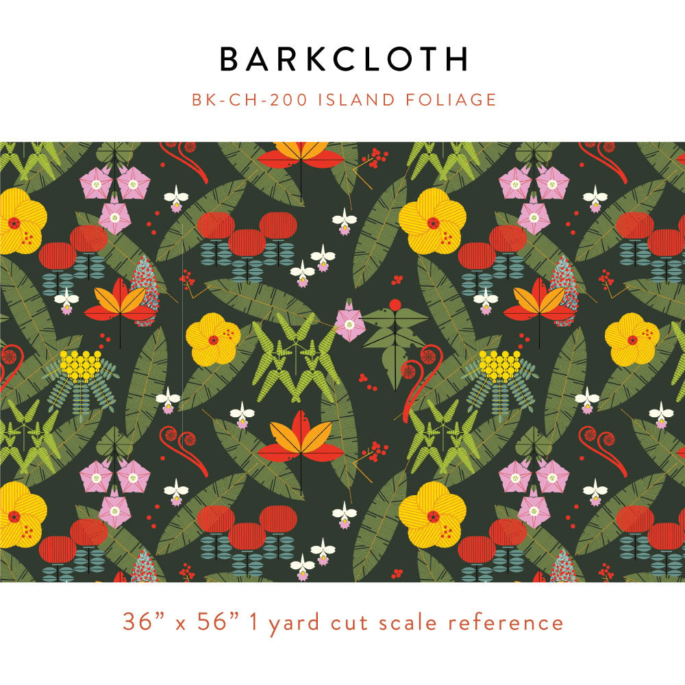 Barkcloth with island foliage pattern on a dark background, Charley Harper