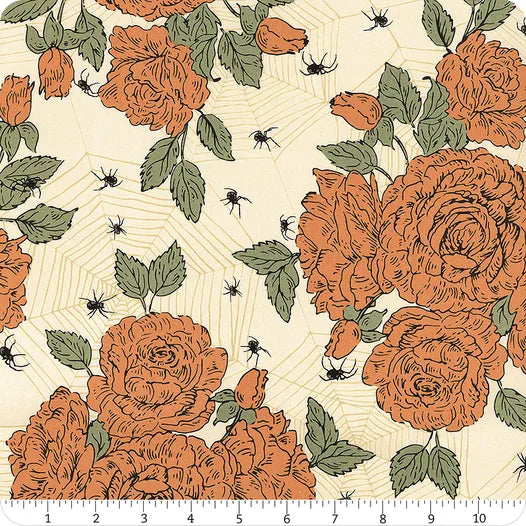 Pattern of orange roses and green leaves on a beige background with spider webs and spiders.