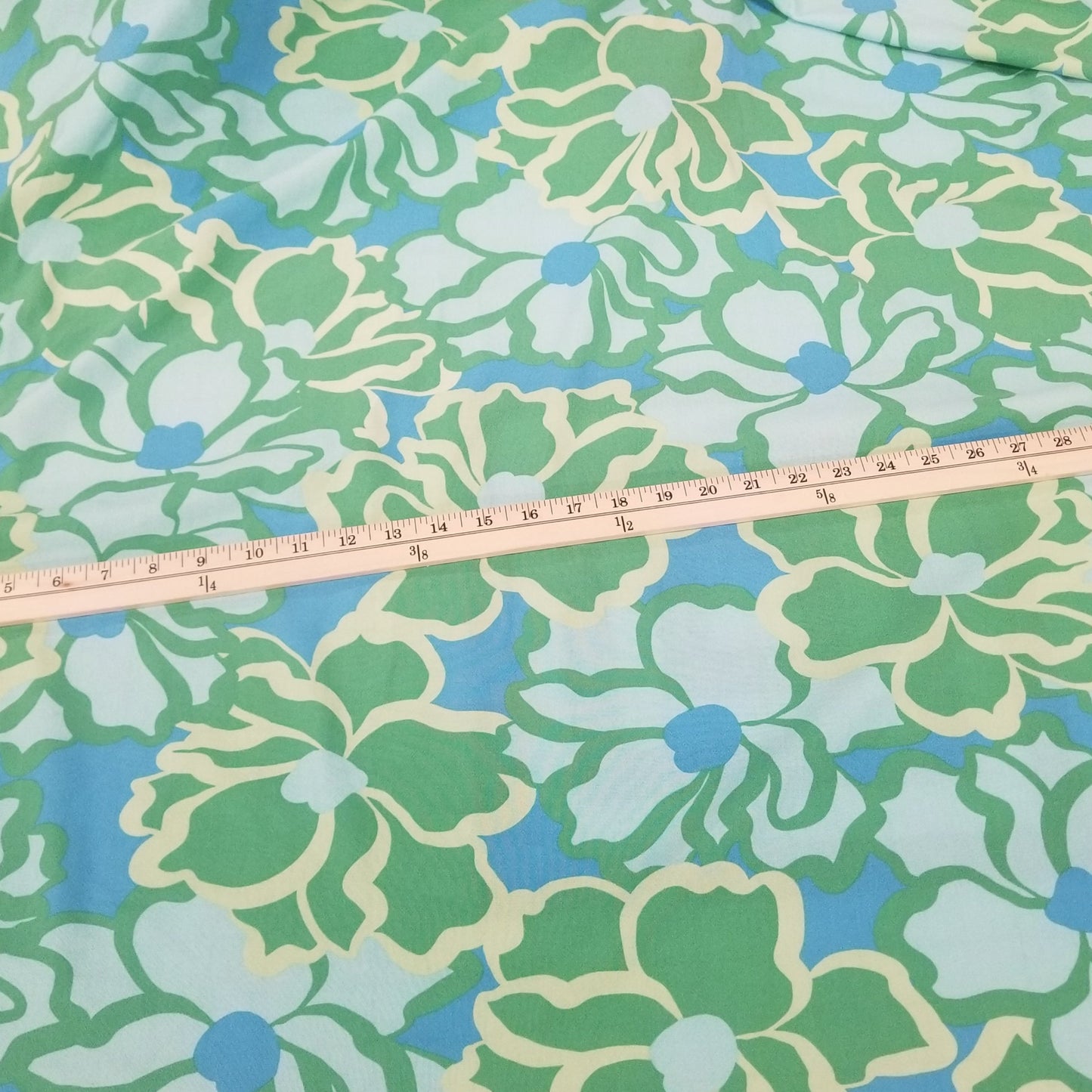 Designer LA Deadstock Rayon Crepe Resortwear Blue and Green Large Scale Florals Slight Stretch Woven- by the yard