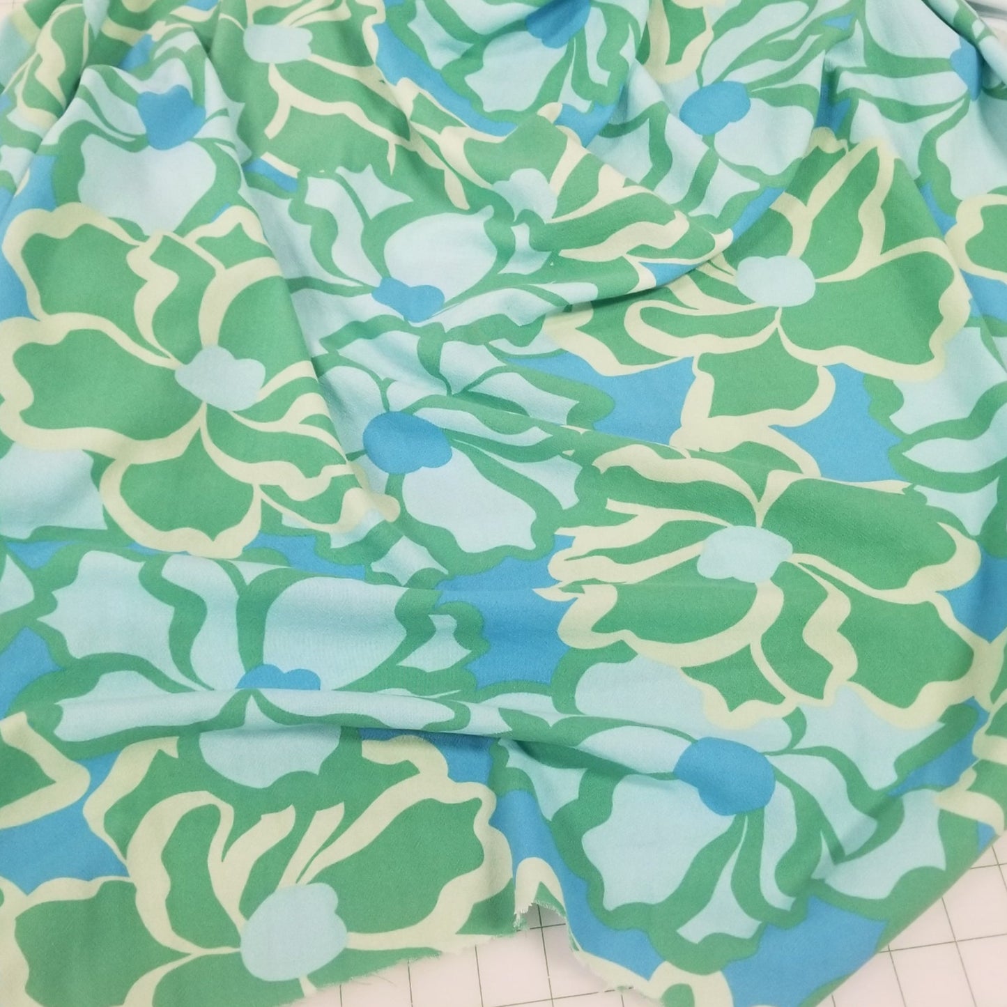 Designer LA Deadstock Rayon Crepe Resortwear Blue and Green Large Scale Florals Slight Stretch Woven- by the yard