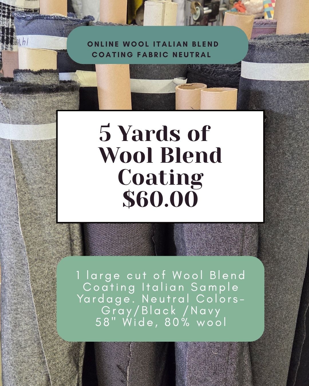 Online October/November Mystery Bundle: 5 yard Large cut of Wool Italian Blend Coating Woven Solid- Mystery Pack