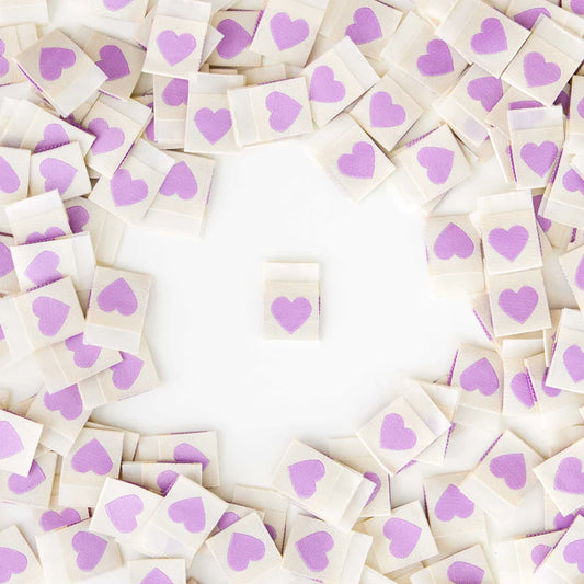 Notions: Sarah Hearts Purple Heart Woven Labels - 1 Pack