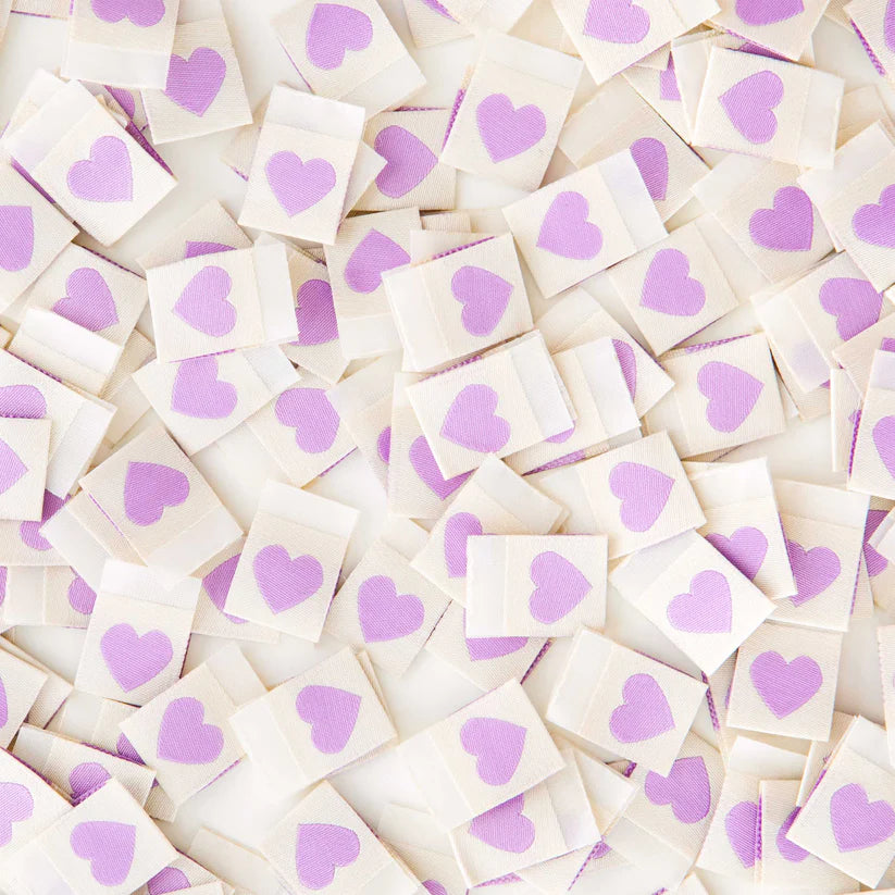 Notions: Sarah Hearts Purple Heart Woven Labels - 1 Pack