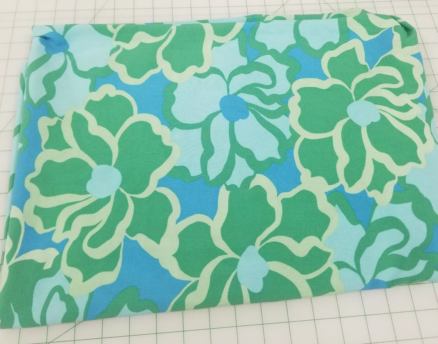 Designer LA Deadstock Rayon Crepe Resortwear Blue and Green Large Scale Florals Slight Stretch Woven- by the yard