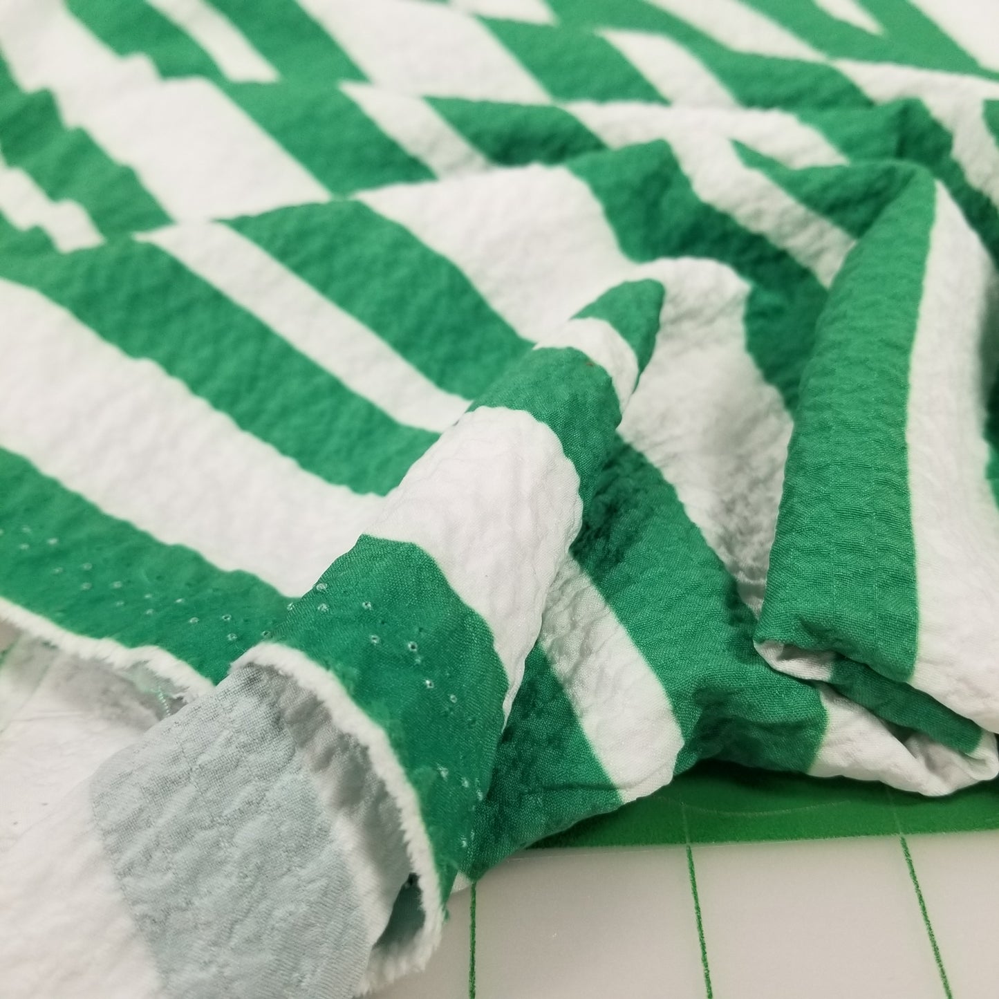 Designer LA Deadstock Textured Ivory and Multi Stripe Stretch Kelly Green Woven- by the yard