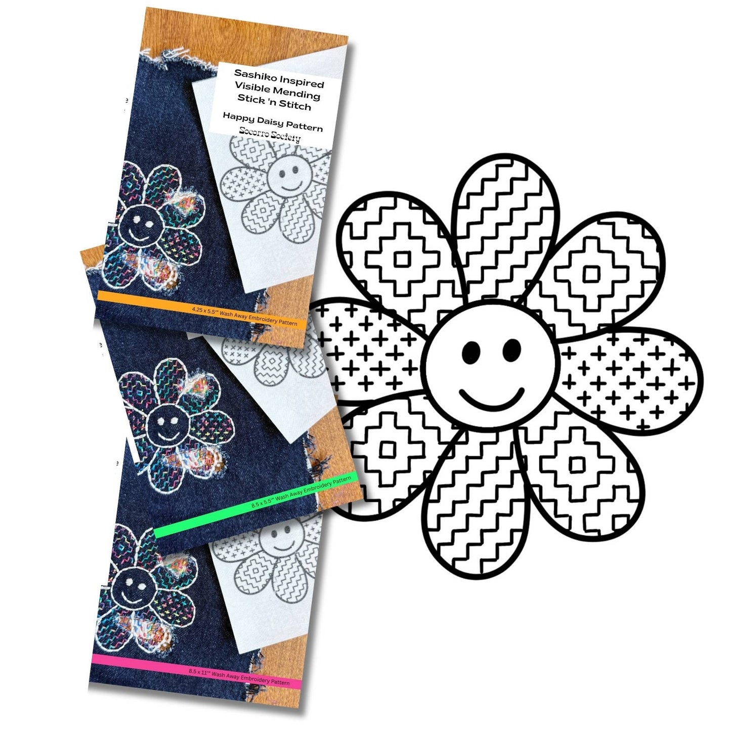 Sashiko Collection: Sashiko Daisy- Visible Mending Stick and Stitch Pattern: Medium- 1 Adhesive Transfer