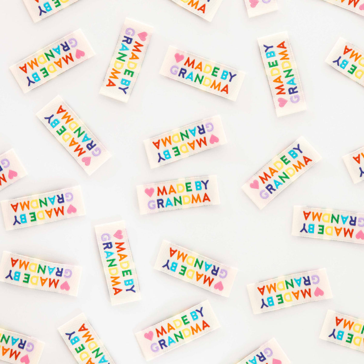 Notions: Sarah Hearts Made by Grandma Woven Sewing Labels Rainbow Colors-(8 labels)-1 pack