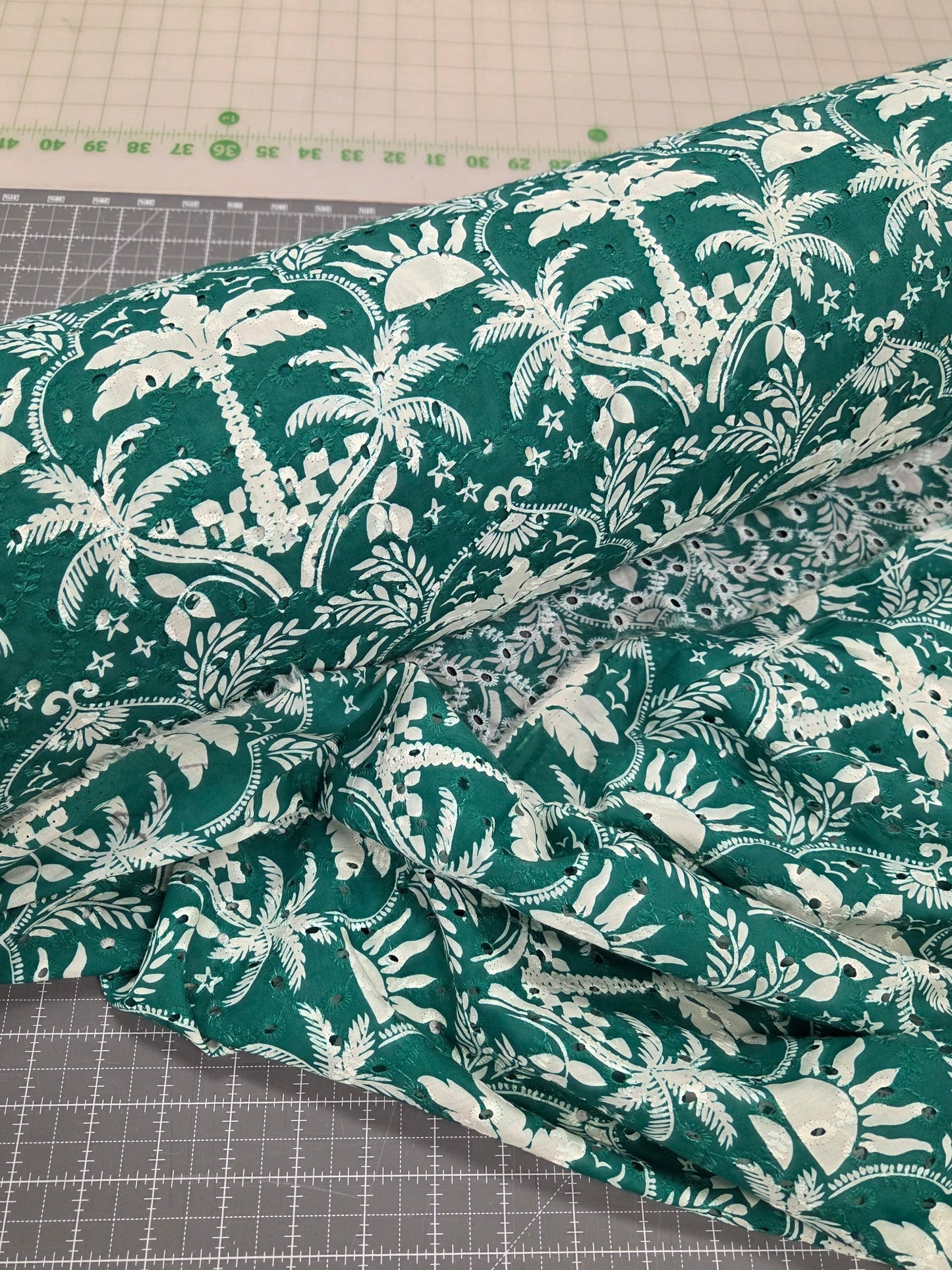 Designer Deadstock Bohemian Summer Sun & Palm Trees Green Cotton Eyelet Woven- by the yard
