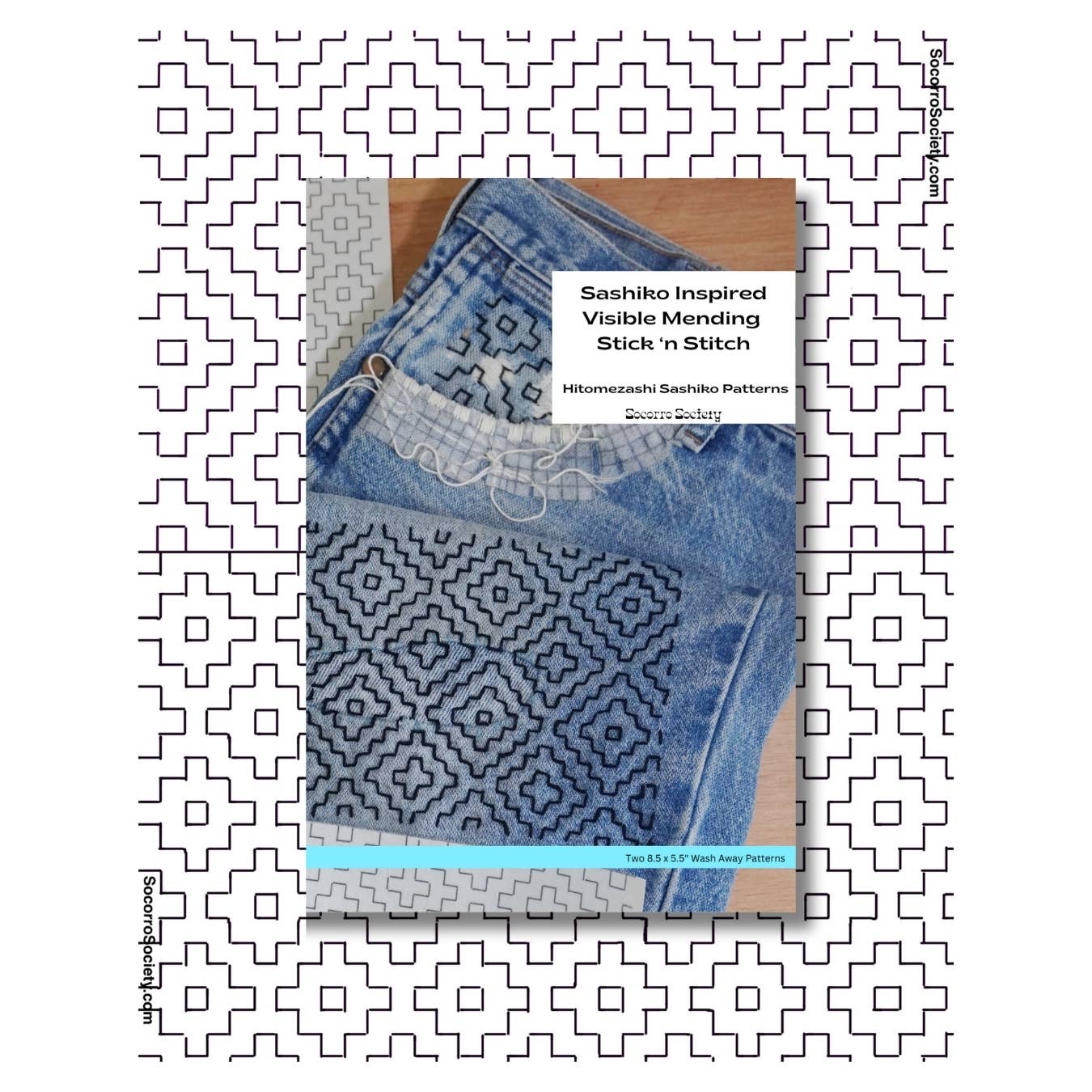Booklet with blue patterned fabric on a white background with geometric border