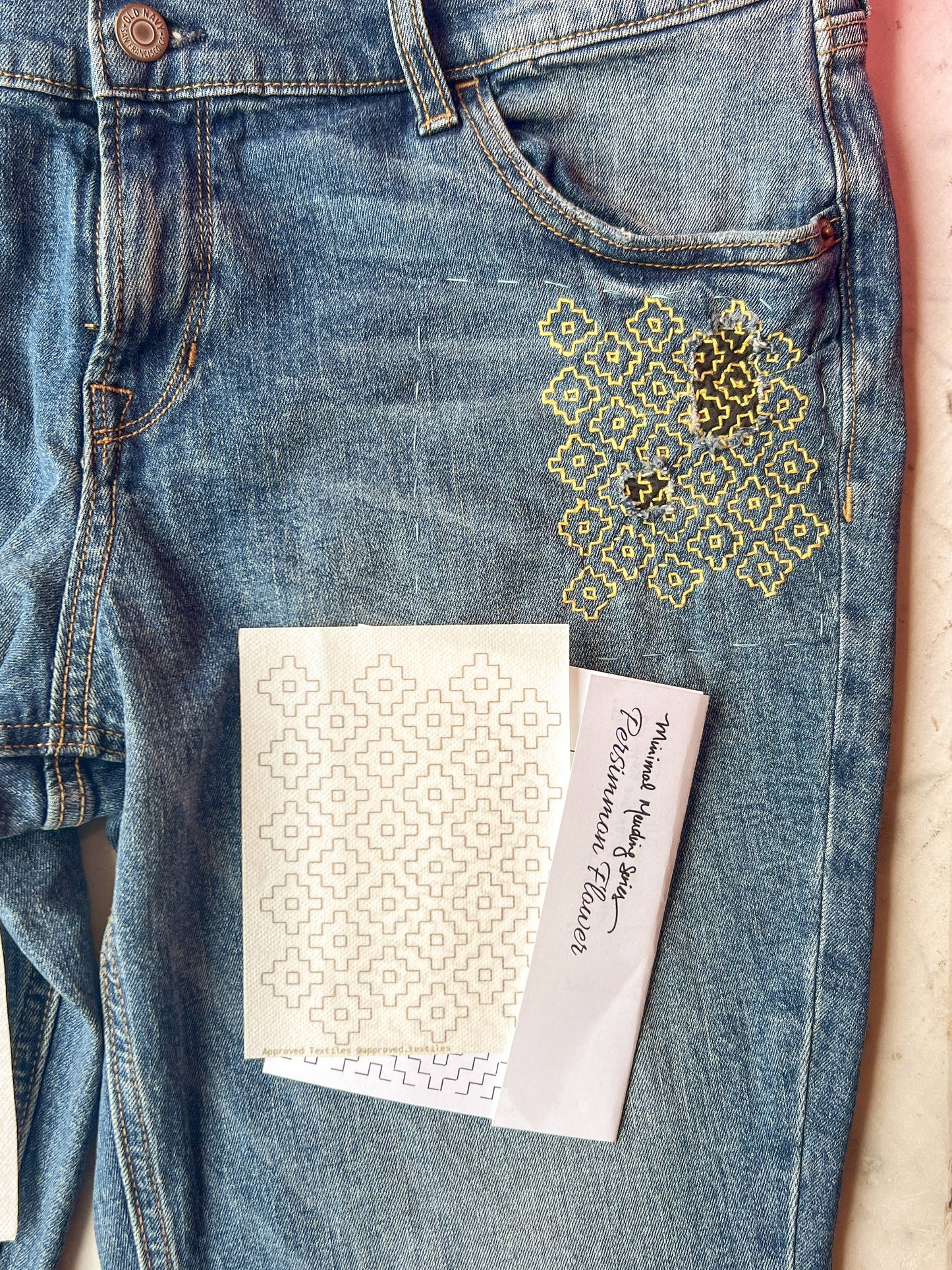 Sashiko and Mending Supplies:  Persimmon Flowers - Minimal Mending + Embellishment Wash Away Transfers ( 4 looks) -1 pack