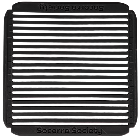Black and white striped mat with 'Socorro Society' branding on a white background