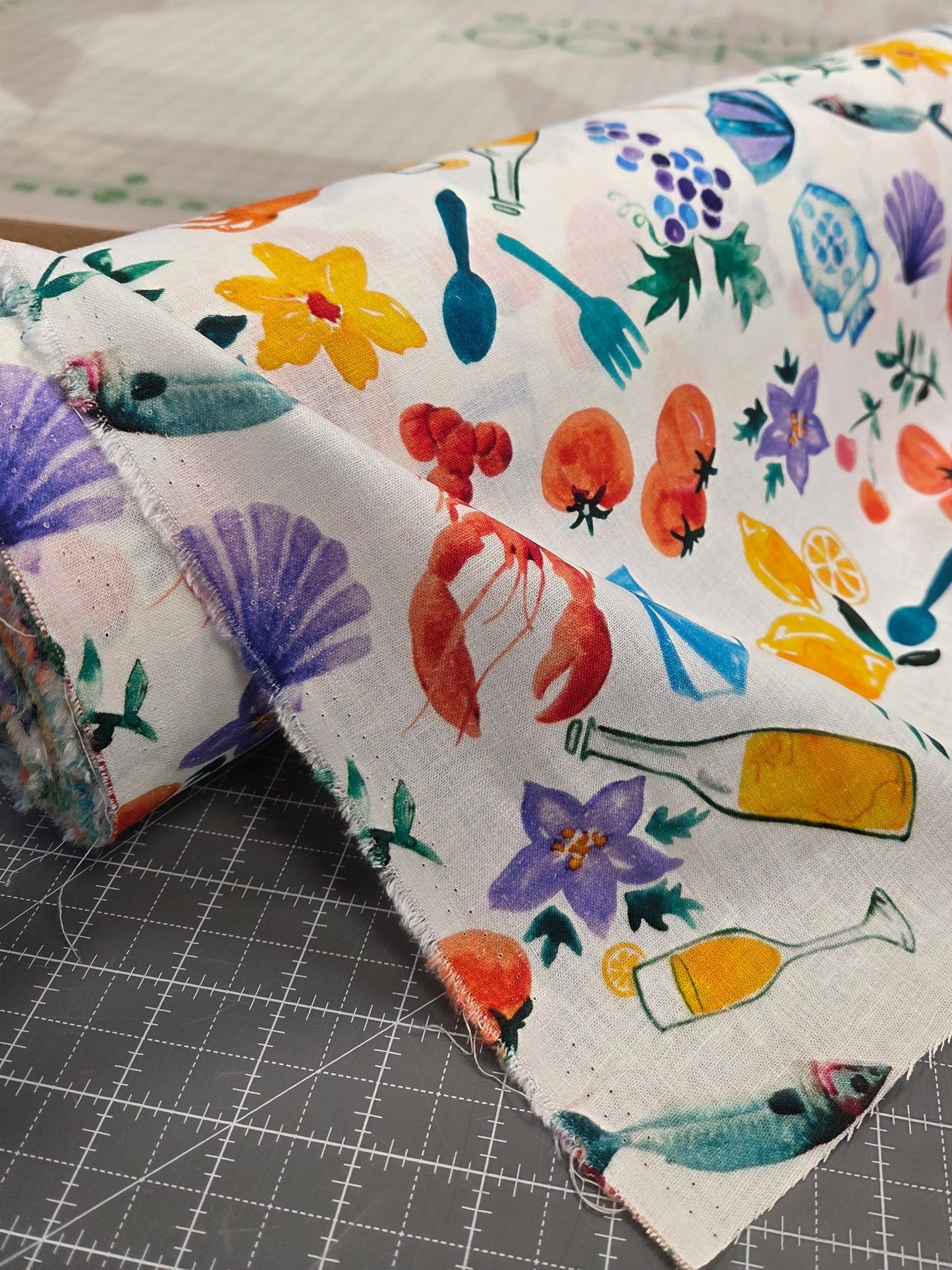 Designer Deadstock Cotton Linen Lobster and Wine in Amalfi Woven- by the yard