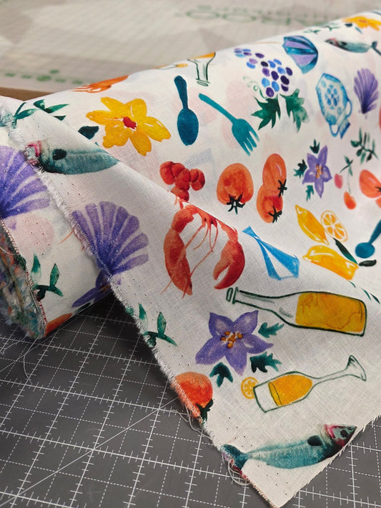 Designer Deadstock Cotton Linen Lobster and Wine in Amalfi Woven- by the yard