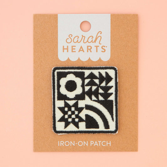 Notions: Sarah Hearts Woven Black Quilt Block Iron-On Patch- 1 pack