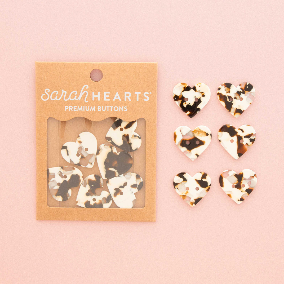 Notions: Sarah Hearts Large Black + Cream Tortoise Heart Buttons( 6 Buttons)  -1 Pack