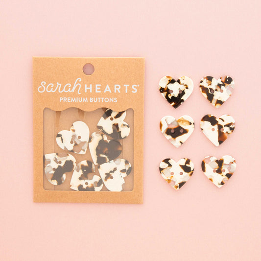 Notions: Sarah Hearts Large Black + Cream Tortoise Heart Buttons( 6 Buttons)  -1 Pack