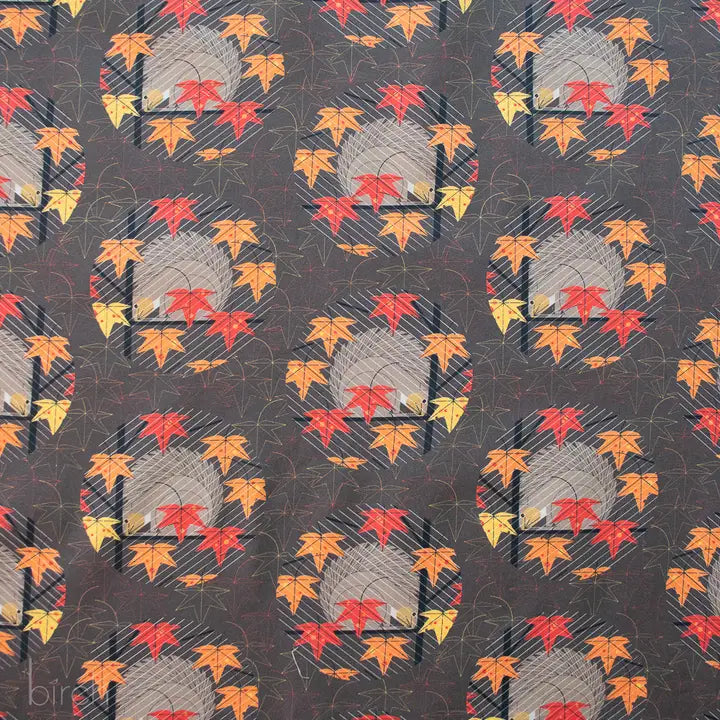 Pattern of autumn leaves and geometric shapes on a dark background. Organic cotton poplin. charley harper 