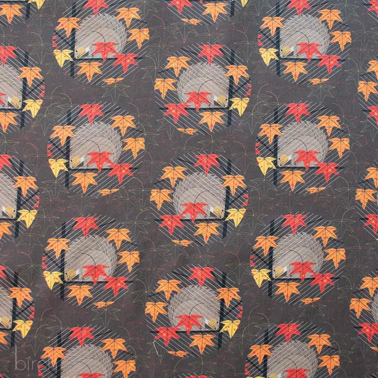 Pattern of autumn leaves and geometric shapes on a dark background. Organic cotton poplin. charley harper 