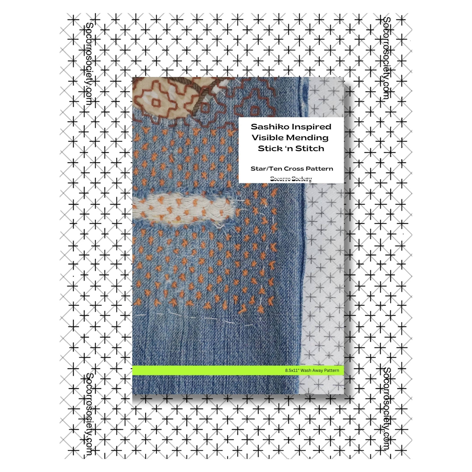 Knitting pattern book titled 'Sashiko Inspired Visible Mending Stick n Stitch' on a white background with black crosshatch pattern.