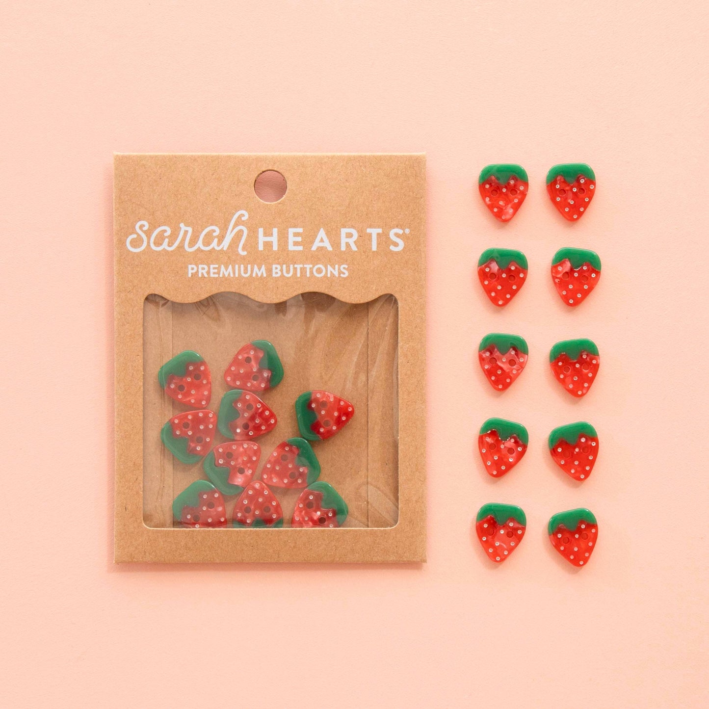 Notions: Sarah Hearts Strawberry Small 5/8" Buttons - 1 pack (10 buttons)