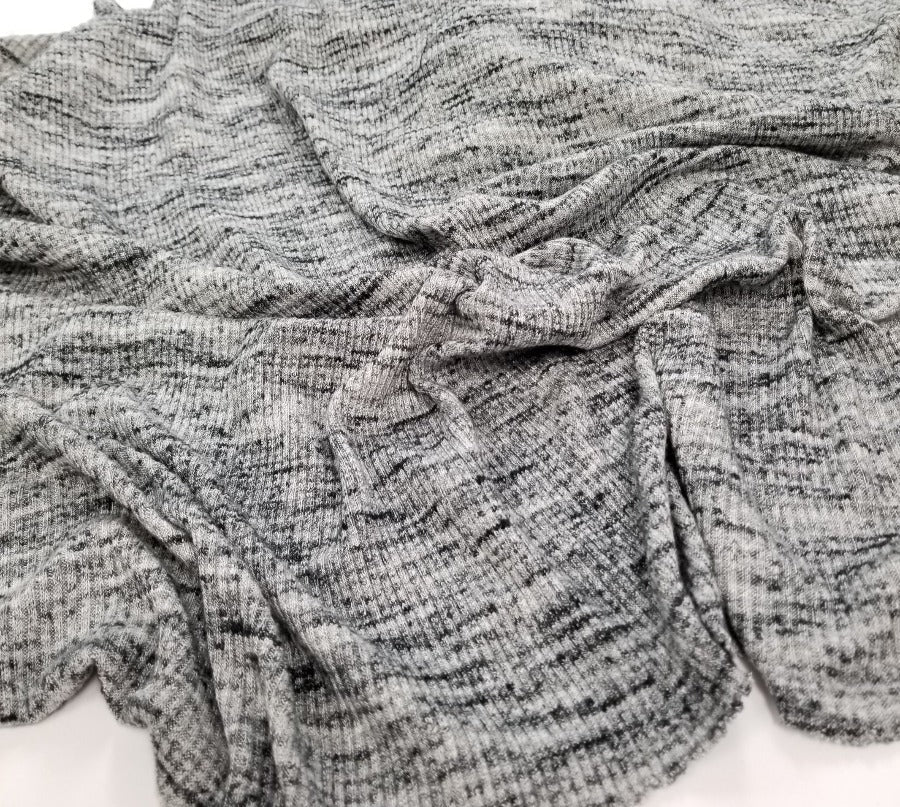 Designer Deadstock Melange Gray & Black Cotton Blend Thermal Sweater Rib Knit- By the yard