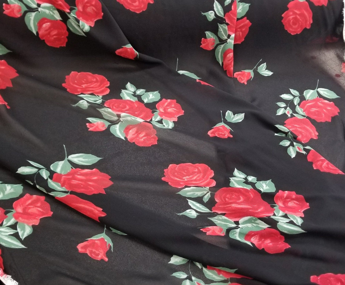 Designer Deadstock Blousewear Rayon Georgette Sheer Crepe Rosalie Roses Woven- Sold by the yard