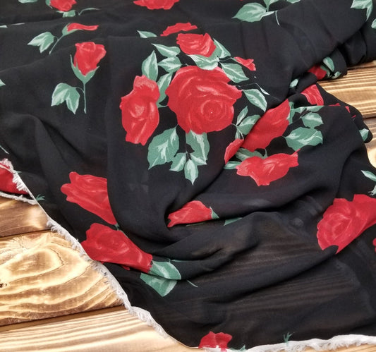 Designer Deadstock Blousewear Rayon Georgette Sheer Crepe Rosalie Roses Woven- Sold by the yard