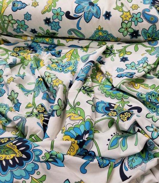End of Bolt:1 yard of Nylon Spandex White with Retro Blue Florals Activewear/Swimwear Knit- Remnant