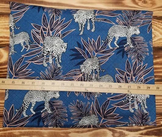 Designer Deadstock Navy and Peach Foliage with Cheetahs Rayon Challis  Woven- Sold by the yard