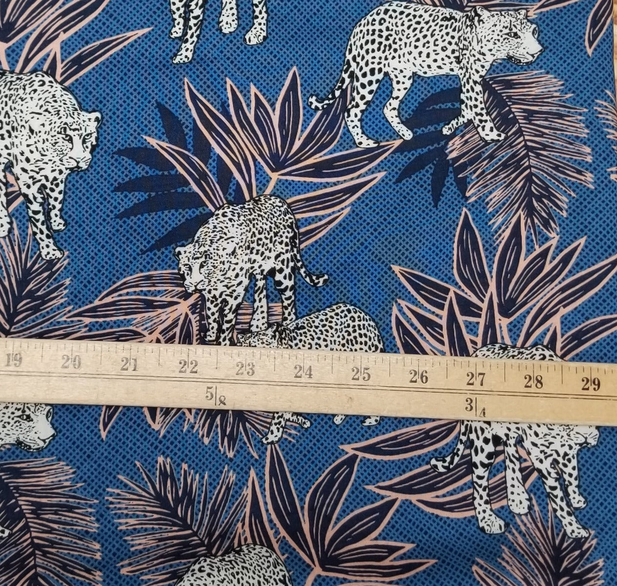 Designer Deadstock Navy and Peach Foliage with Cheetahs Rayon Challis  Woven- Sold by the yard