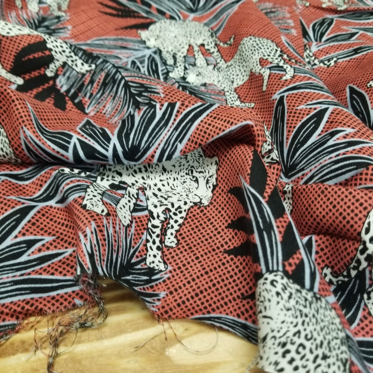 Designer Deadstock Black and Periwinkle Foliage with Cheetahs Rayon Challis Woven- Sold by the yard