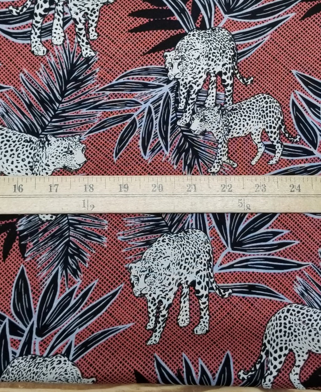 Designer Deadstock Black and Periwinkle Foliage with Cheetahs Rayon Challis Woven- Sold by the yard