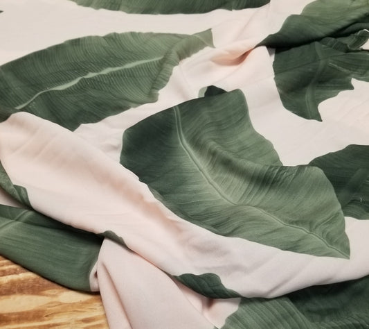 End of Bolt: 7/8th yards of Deadstock Baby Pink and Large Scale Green Foliage Leaves Crepe De Chine Blousewear Woven- remnant