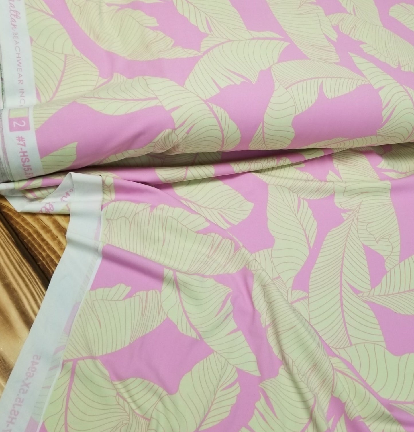 Nylon Spandex Pink and Taupe Beige Resort wear Leaves Swim/Activewear Knit- Sold by the yard