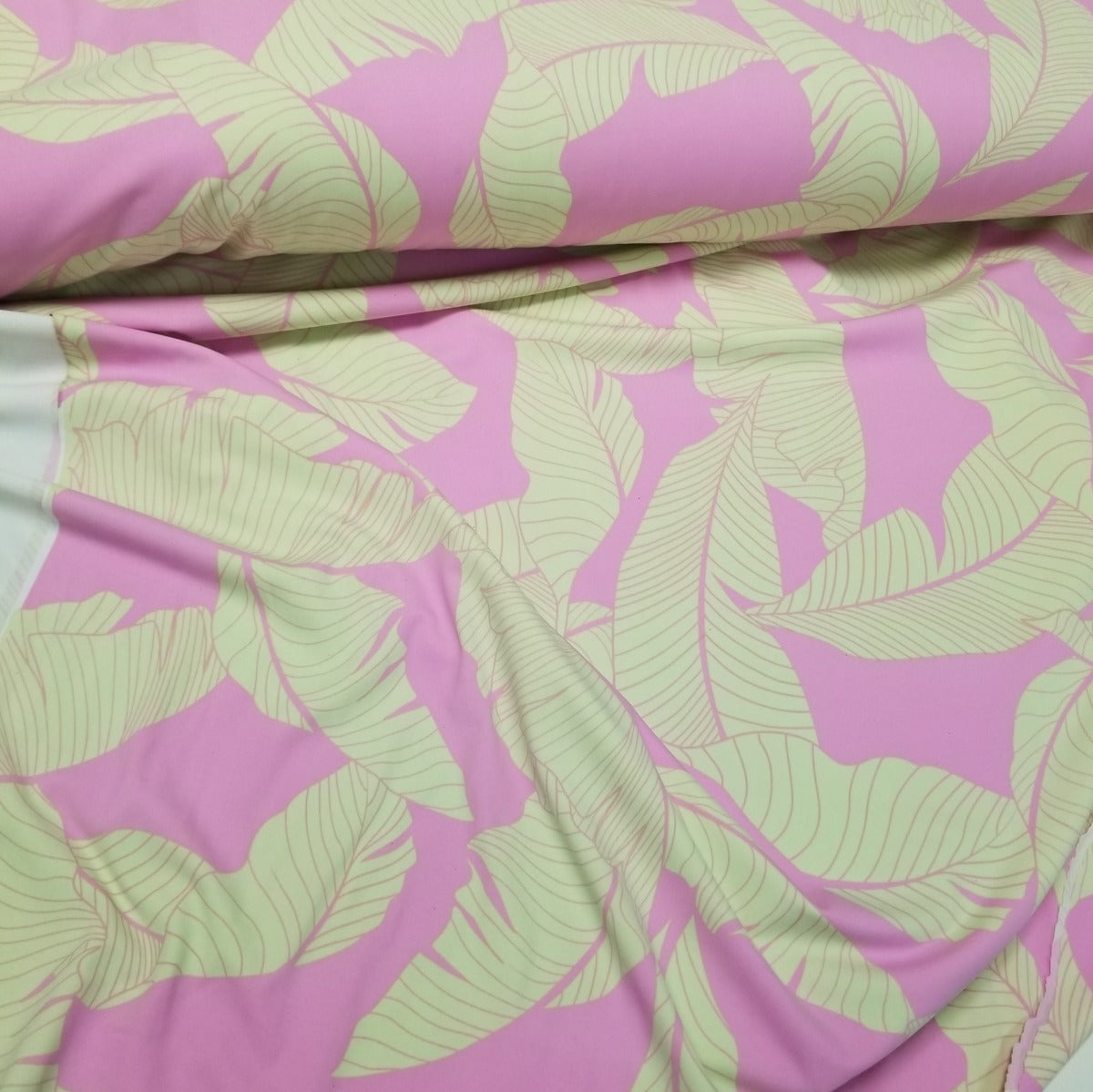 Nylon Spandex Pink and Taupe Beige Resort wear Leaves Swim/Activewear Knit- Sold by the yard