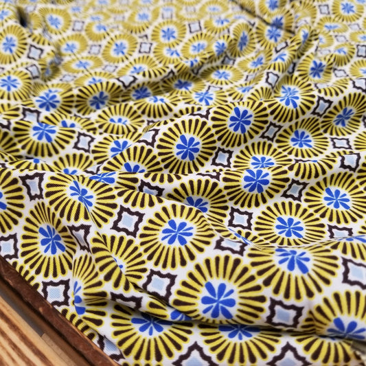 End of Bolt: 2 yards of Nylon Spandex  Abstract Yellow Medallion Road to Morocco Tile  Swim/Activewear Knit- Remnant