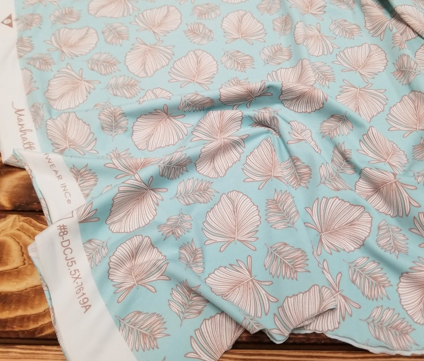 End of Bolt: 2-3/4th yards of Nylon Spandex Light Sky Blue and Foliage Leaves Swim/Activewear Knit- Remnant