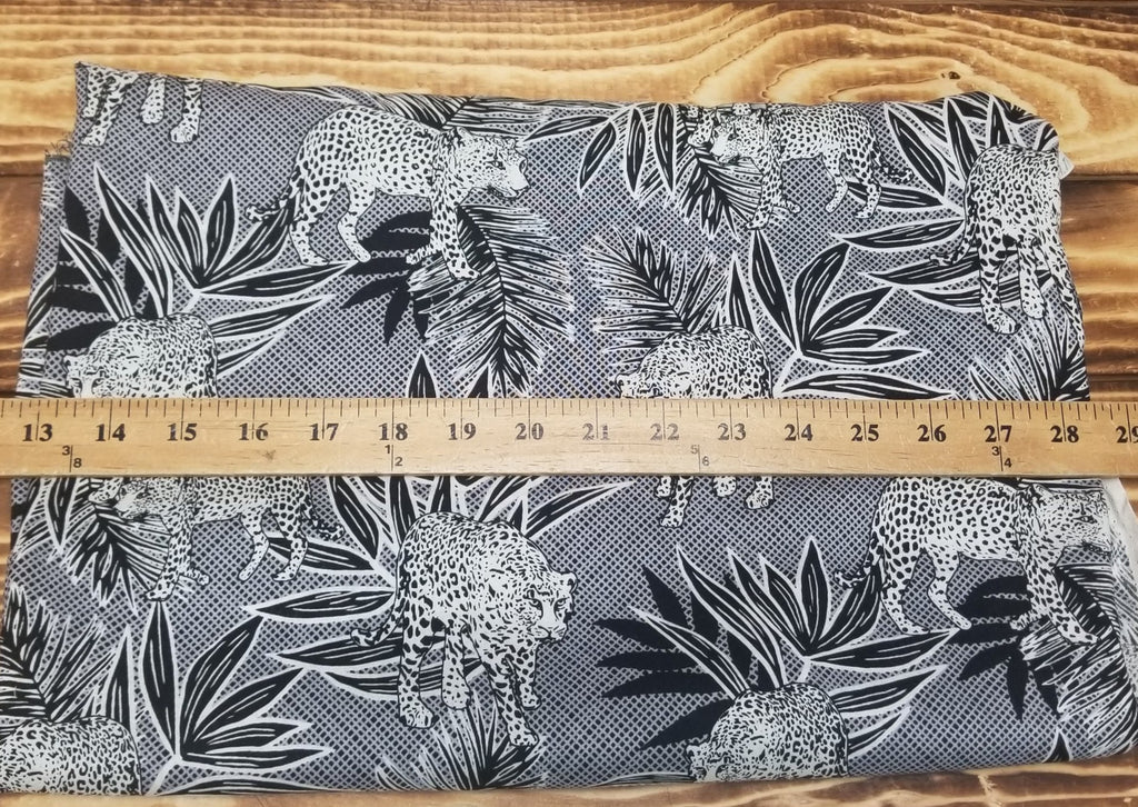 Designer Deadstock Black and Charcoal Foliage with Cheetahs Rayon Challis  Woven- Sold by the yard